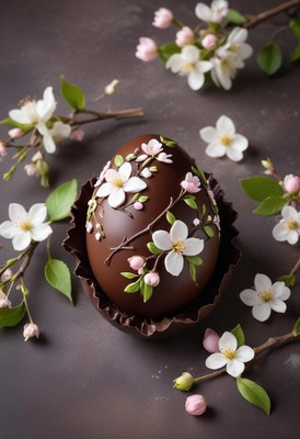 Spring flower-decorated chocolate egg on dark surface