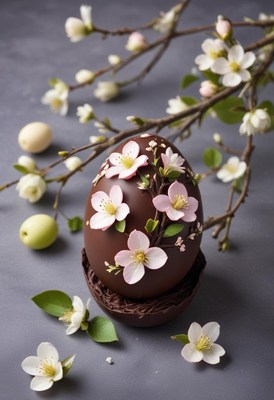 Chocolate egg decorated with blossoms on gray background
