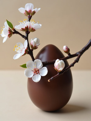 Brown egg with cherry blossom branches on display