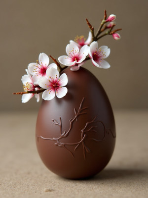 Decorative chocolate egg with cherry blossoms on display