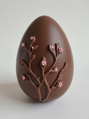 Chocolate egg decorated with spring blossoms