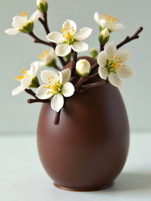Decorative brown egg vase with white flowers