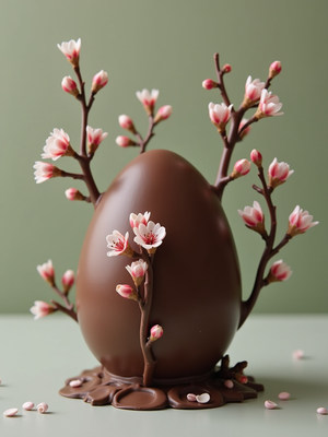 Chocolate egg with cherry blossom decorations for spring