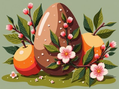 Colorful easter egg arrangement with flowers and fruits