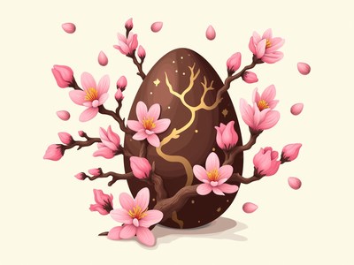 Chocolate egg surrounded by blooming cherry blossoms