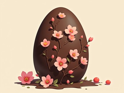 Chocolate egg with cherry blossoms and berries