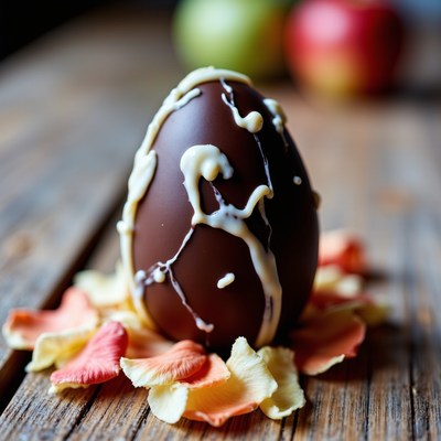 Chocolate egg decorated with floral petals on wooden table