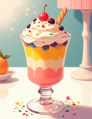 Colorful dessert served in a tall glass with cherry on top