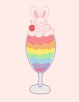 Rainbow dessert topped with a cute bunny and cherry