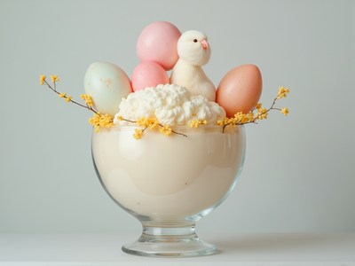 Creative spring dessert arrangement with pastel colors