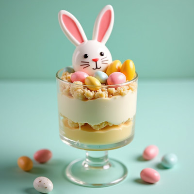 Festive easter dessert with bunny decoration and candies