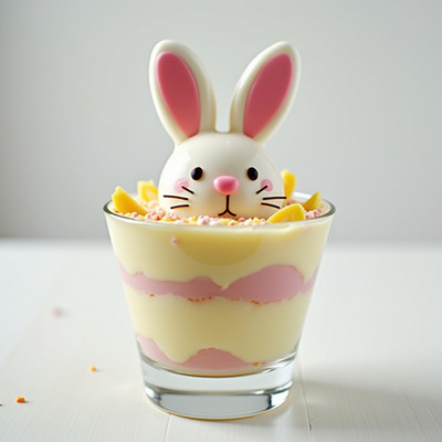Delicious bunny dessert in a glass cup with colorful layers