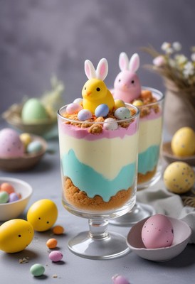 Colorful easter dessert with cheerful decorations and sweets
