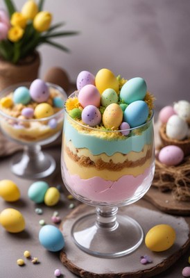 Colorful dessert display with easter eggs and decorations