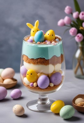 Colorful easter dessert filled with treats and decorations