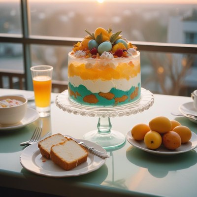 Beautiful dessert display with cake and fruits at sunset