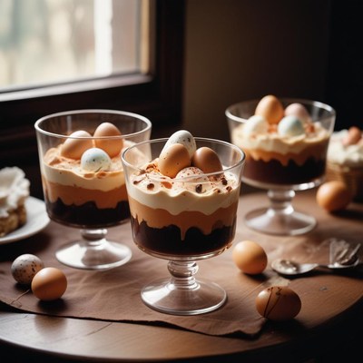 Delicious dessert cups with chocolate and eggs