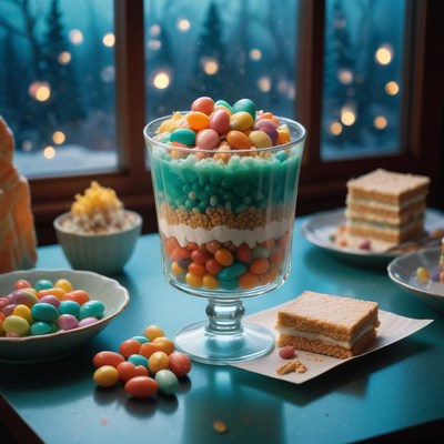 Colorful dessert display in a cozy dessert shop setting
