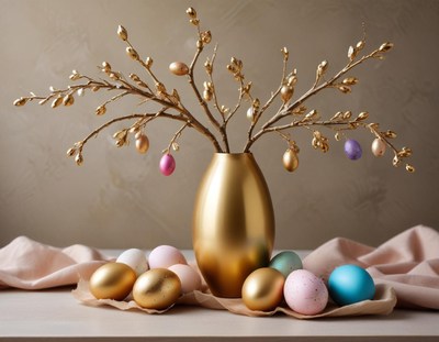 Golden vase with easter eggs and branches
