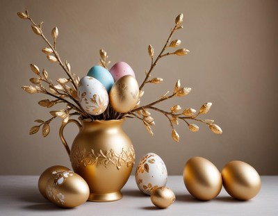 Decorative golden vase with easter eggs and branches
