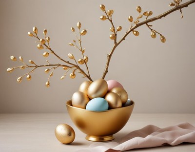 Elegant gold and pastel egg display for spring celebration