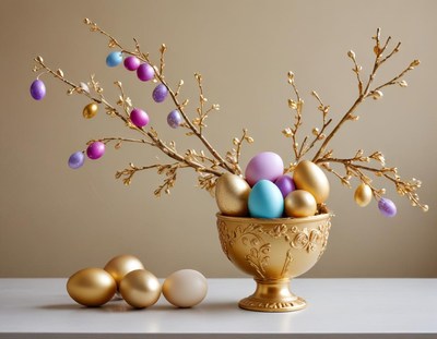 Colorful easter centerpiece with eggs and branches