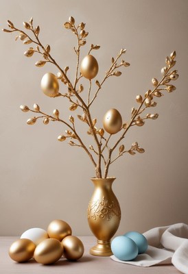 Decorative golden vase with eggs and branches in spring