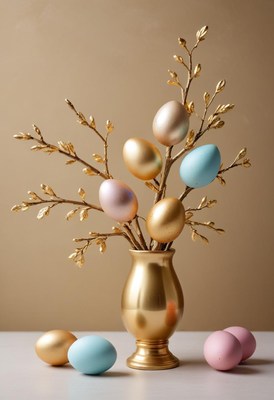 Elegant spring display with golden eggs and branches