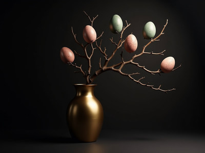 Decorative branch with colorful eggs in a vase