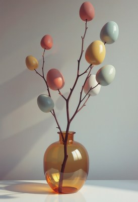 Decorative branch with painted eggs in amber vase