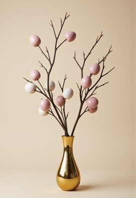 Decorative branches with pastel eggs in a vase