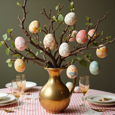 Decorative spring tree with painted eggs for celebration