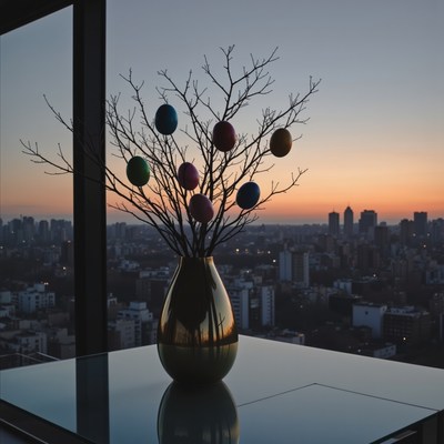 Decorative egg branch against sunset skyline