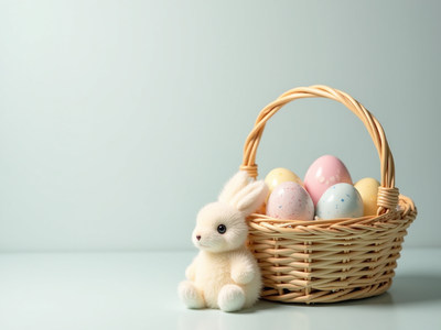 Cute bunny and pastel eggs in a basket on a light surface