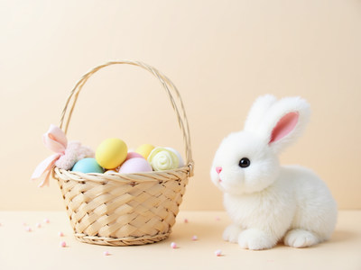 Soft bunny beside a basket of colorful eggs