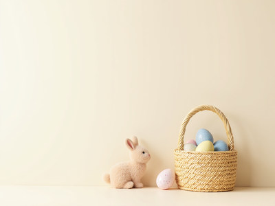 Bunny with easter eggs in a basket