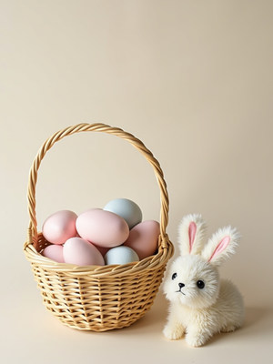 Cute bunny and basket with pastel eggs on light background