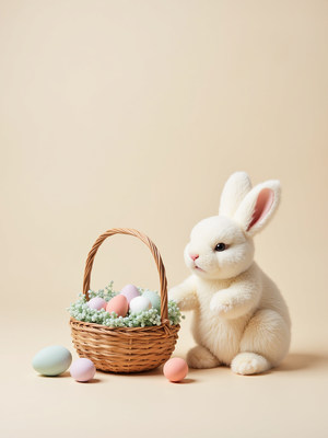 Bunny with pastel eggs in a woven basket