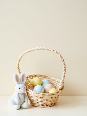 Cute bunny beside a basket of colorful easter eggs