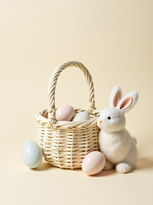 Soft bunny beside a basket of colored eggs