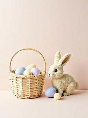Soft bunny and pastel eggs in a wicker basket display
