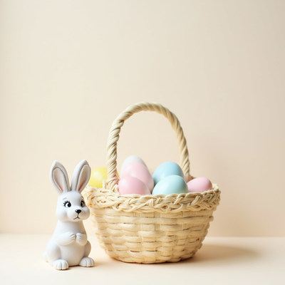 Easter basket with pastel eggs and bunny decoration