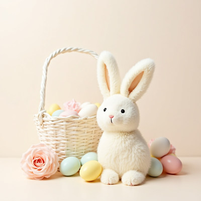 Easter bunny and pastel eggs in a decorative basket