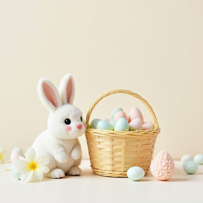 Cute bunny with pastel eggs in a woven basket
