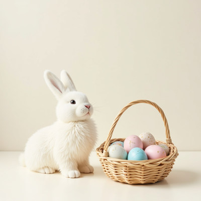 White bunny sits beside colorful easter eggs in a basket