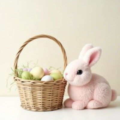 Easter bunny and basket with colorful eggs at home