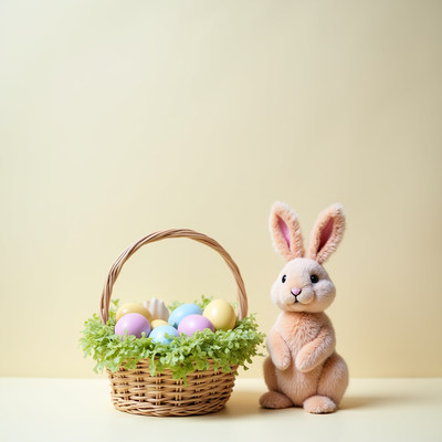 Cute bunny beside colorful easter egg basket