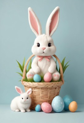 Cute bunny with easter eggs in a basket on blue background