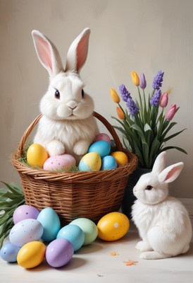 Festive rabbits and colorful eggs in a spring setting