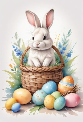 Cute rabbit in a basket surrounded by colorful eggs